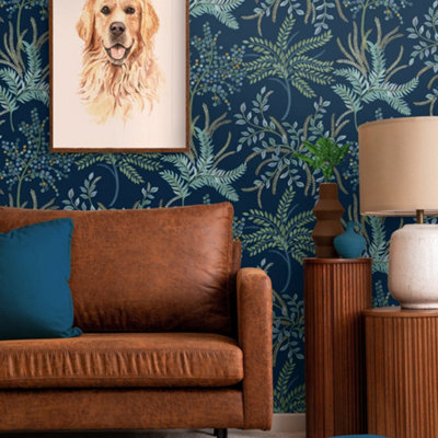 Galerie Mulberry Tree Blue Tree Leaf Wallpaper Roll from B&Q