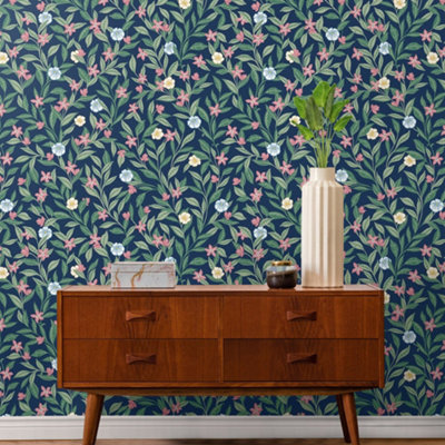 Galerie Mulberry Tree Blue Green Floral Leaf Wallpaper Roll from B&Q