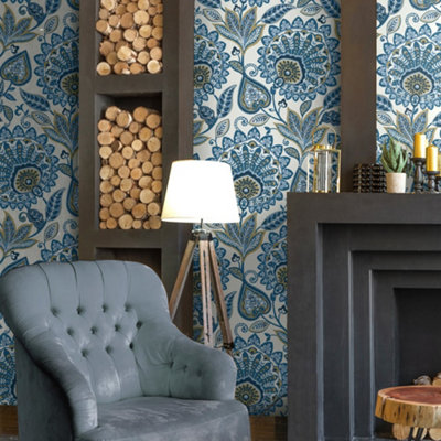 Galerie Mulberry Tree Blue Floral Pattern Wallpaper Roll from B&Q