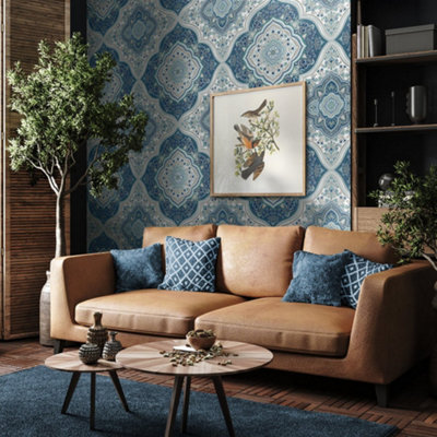 Galerie Mulberry Tree Blue White Floral Pattern Wallpaper Roll from B&Q