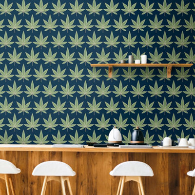 Galerie Mulberry Tree Blue Green Palm Leaf Wallpaper Roll from B&Q
