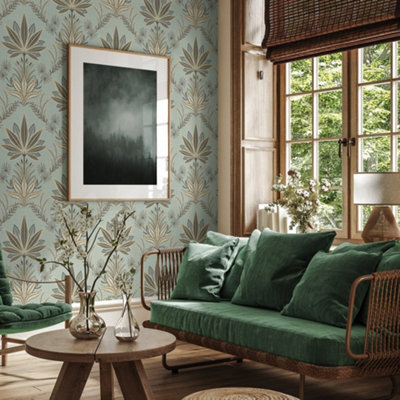 Galerie Mulberry Tree Green Palm Leaf Sisal Grasscloth Wallpaper Roll from B&Q