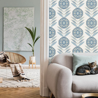 Galerie Mulberry Tree Blue Floral Sisal Grasscloth Wallpaper Roll from B&Q
