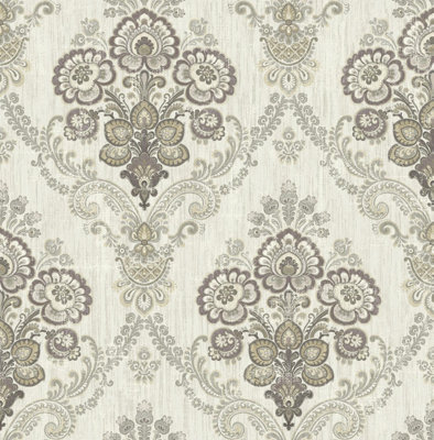 B&Q -  Indian Paisley Damask Lilac Wallpaper Traditional Acrylic Coated