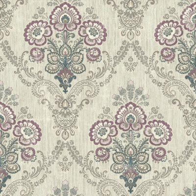 B&Q -  Indian Paisley Damask Purple Wallpaper Traditional Acrylic Coated