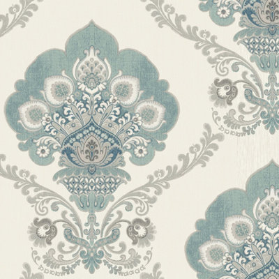 Wallquest Blue Chatsworth Damask Wallpaper Classic Traditional Acrylic Coated 53Cm