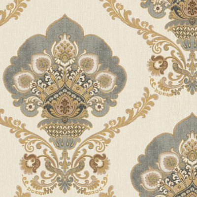 Wallquest Gold Chatsworth Damask Wallpaper Classic Traditional Acrylic Coated 53Cm