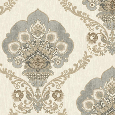 B&Q -  Chatsworth Damask Grey Wallpaper Classic Traditional Acrylic Coated