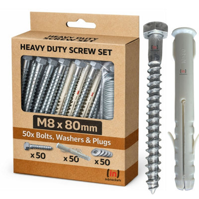 Inbrackets Heavy Duty M8X80mm Masonry Wall Screws With Plugs And Washers For Tv Bracket Satellite Dish And Shelf Mount Pack Of 50 from B&Q