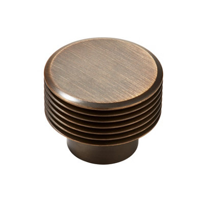 Plank Hardware Satin Antique Brass Antique Brass Effect Round Grooved Cabinet Knob (Dia)32mm from B&Q
