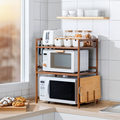 B&Q -  2 Tier Wooden Spice Racks Kitchen Countertop Storage Rack Microwave Organiser Shelf For Kitchen Counter With Hooks In Brown