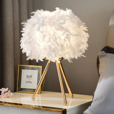 B&Q -  E27 White Feather Lampshade Tripod Table Lamp Fixtures DecorWarm Light