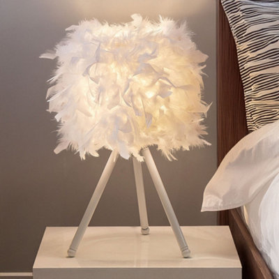 B&Q -  E27 White Feather Lampshade Tripod Table Lamp Fixtures DecorWarm Light