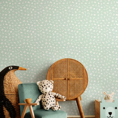 Hoopla Walls Alphabet Jumble Seafoam Wallpaper 10M