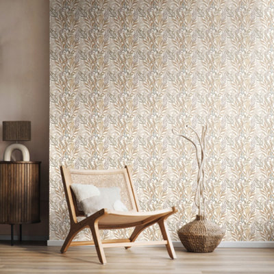 Hoopla Walls Verdant LeavesParchment 10M Wallpaper from B&Q