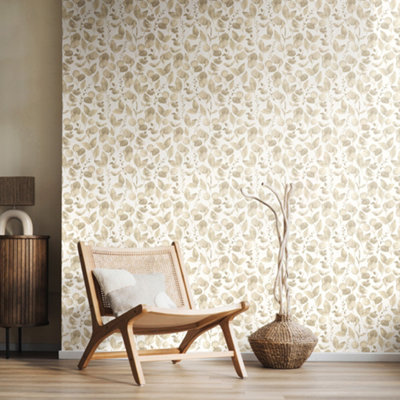 B&Q -  Watercolour LeavesOyster 10M Wallpaper
