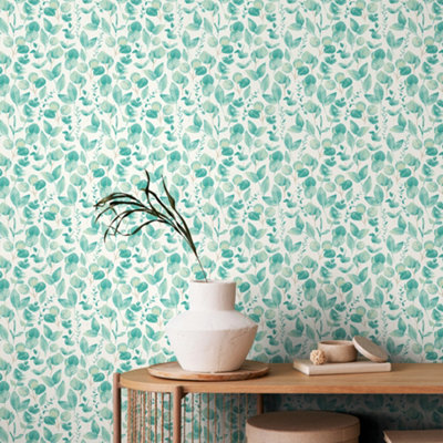 B&Q -  Watercolour LeavesAqua & Chalk 10M Wallpaper