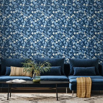 B&Q -  Watercolour LeavesSlate Blue 10M Wallpaper