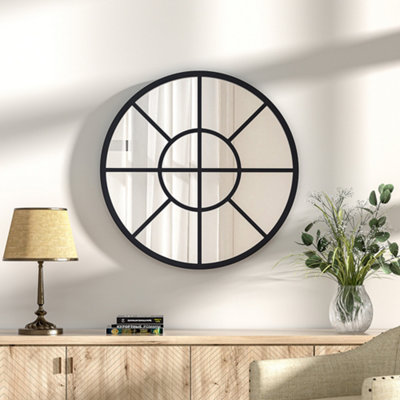 Living And Home Contemporary Round Metal Windowpane Wall Framed Mirror 50Cm Dia from B&Q