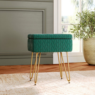 B&Q -  Rectangle Green Upholstered Storage Ottoman Vanity Stool With Padded Metal Legs