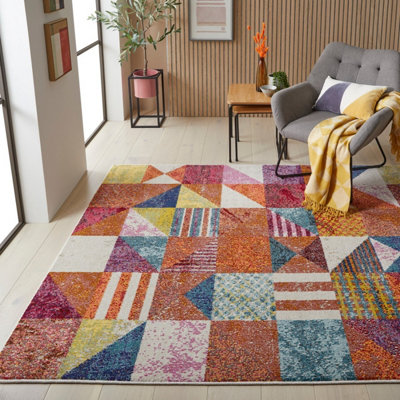 Multi Easy To Clean Geometric Modern Rug For Dining Room-160Cm X 220Cm from B&Q