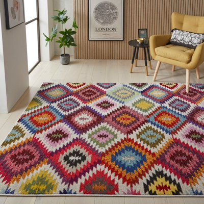 Multi Geometric Modern Chequered  Easy To Clean Rug For Dining Room-120Cm X 170Cm from B&Q