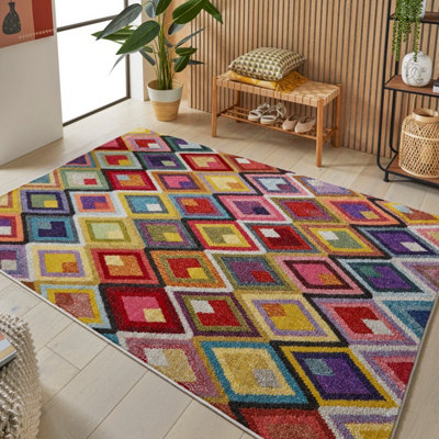 Multi Geometric Modern Easy To Clean Chequered  Rug For Dining Room-200Cm X 290Cm from B&Q