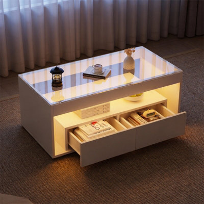  - High Gloss Coffee Table With Led Glass Tabletop Light Up 2-Darwer Sofa Side Table