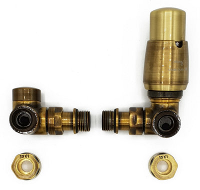 B&Q -  Right Version With Copper (Cu) Connectors Antique Brass Thermostatic + Lockshield Angled Valve Set Double-Pipe Radiator
