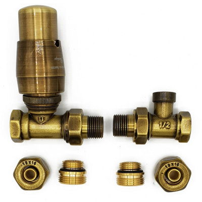 Varioterm Vario Term Straight Version With Pex Connectors Elegant Antique Brass Thermostatic Lockshield Valve Radiator Set from B&Q