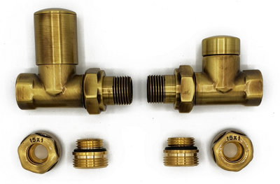 B&Q -  Straight Version With Copper (Cu) Connectors Elegant Antique Brass Regulating + Lockshield Valve Radiator Set