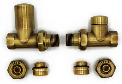 B&Q -  Straight Version With Pex Connectors Elegant Antique Brass Regulating + Lockshield Valve Radiator Set
