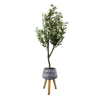 PegdevPdl 120Cm Artificial Olive Tree With Large Blue Rustic Planter Realistic Faux Plant With Natural Trunk For Home/ Office from B&Q