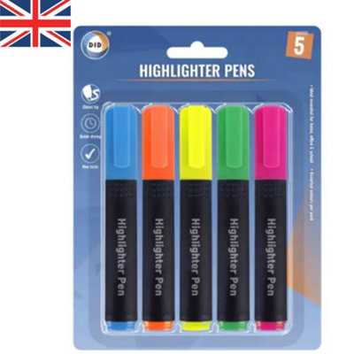 B&Q 5 Pack Highlighter Pens, Fluorescent Markers For Office & Study Use