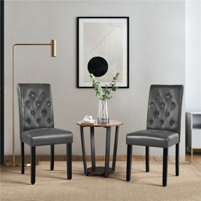 Yaheetech Set Of 2 Grey Faux Leather Dining Chairs With Button Tufted Backrest And Solid Wood Legs