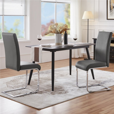 B&Q -  Set Of 2 Dark Grey Faux Leather Dining Chairs With Metal Legs For Kitchen Dining Room
