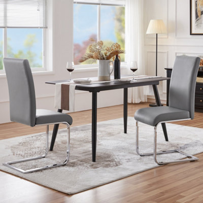 B&Q -  Set Of 2 Light Grey Faux Leather Dining Chairs With Metal Legs For Kitchen Dining Room