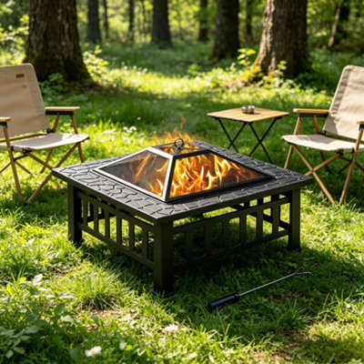 Yaheetech Outdoor Square Fire Pit With Cover And Poker Black Patio Garden Backyard Outdoor Camping Heater Log Burner from B&Q
