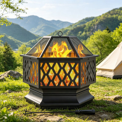 Yaheetech Hex-Shaped Fire Pit With Spark Screen And Poker Patio Garden Backyard Outdoor Camping Heater Log Burner from B&Q