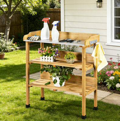Yaheetech Wood 3-Tier Fir Outdoor Potting Bench Table With Storage Shelf from B&Q