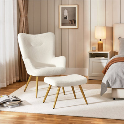 Yaheetech Ivory Boucle Fabric Accent Armchair And Ottoman Set from B&Q