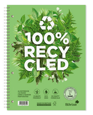 Silvo Silvine A4+ Premium Recycled Wirebound NotebookLined With Margin120 Pages Of 100% Recycled Paper. Ref R102 Pack Of 5White from B&Q