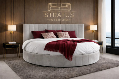 Stratus Interiors Light Grey Orbis Round BedLuxury Statement Bed For Bedroom from B&Q