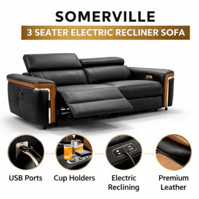 Stratus Interiors Somerville Electric Leather Recliner SofaBlack Usb Charging & Cup Holders 3 Seater from B&Q