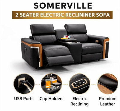 Stratus Interiors Somerville Electric Leather Recliner SofaBlack Usb Charging & Cup Holders 1 Seater from B&Q