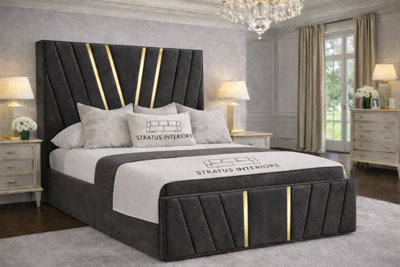 Stratus Interiors Victor Gold Accent Upholstered Velvet Bed FrameKing Size 5Ft (84") With Slatted Base from B&Q