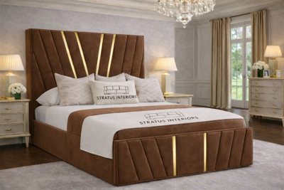 Stratus Interiors Victor Gold Accent Upholstered Velvet Bed FrameSingle 3Ft (78") With Slatted BaseBrown from B&Q