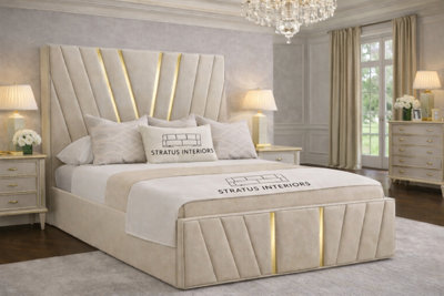 Stratus Interiors Victor Gold Accent Upholstered Velvet Bed FrameSingle 3Ft (78") With Slatted BaseCream from B&Q