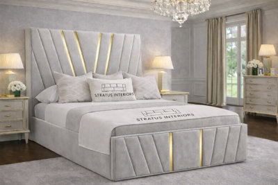 Stratus Interiors Victor Gold Accent Upholstered Velvet Bed FrameSingle 3Ft (78") With Slatted BaseGrey from B&Q