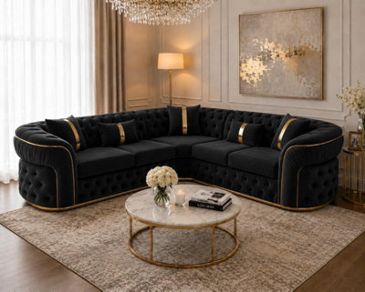 Stratus Interiors Unisex Black Ambassador Chesterfield Velvet Sofa With Gold Trim Frill Design In Size 3 - Image 2